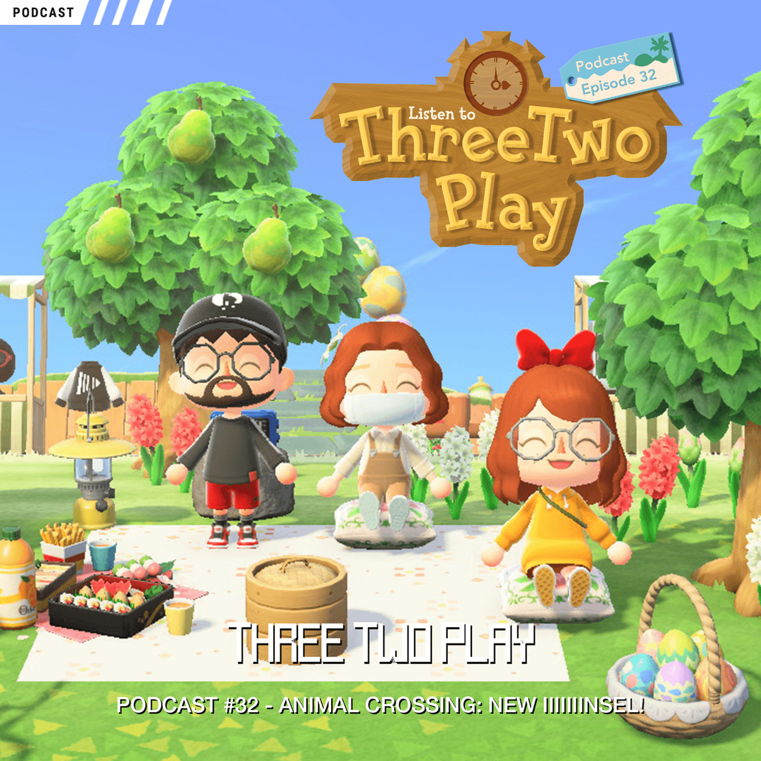 Podcast-Cover zur 32. Folge des ThreeTwoPlay Podcasts zum Thema "Animal Crossing: New Horizons"