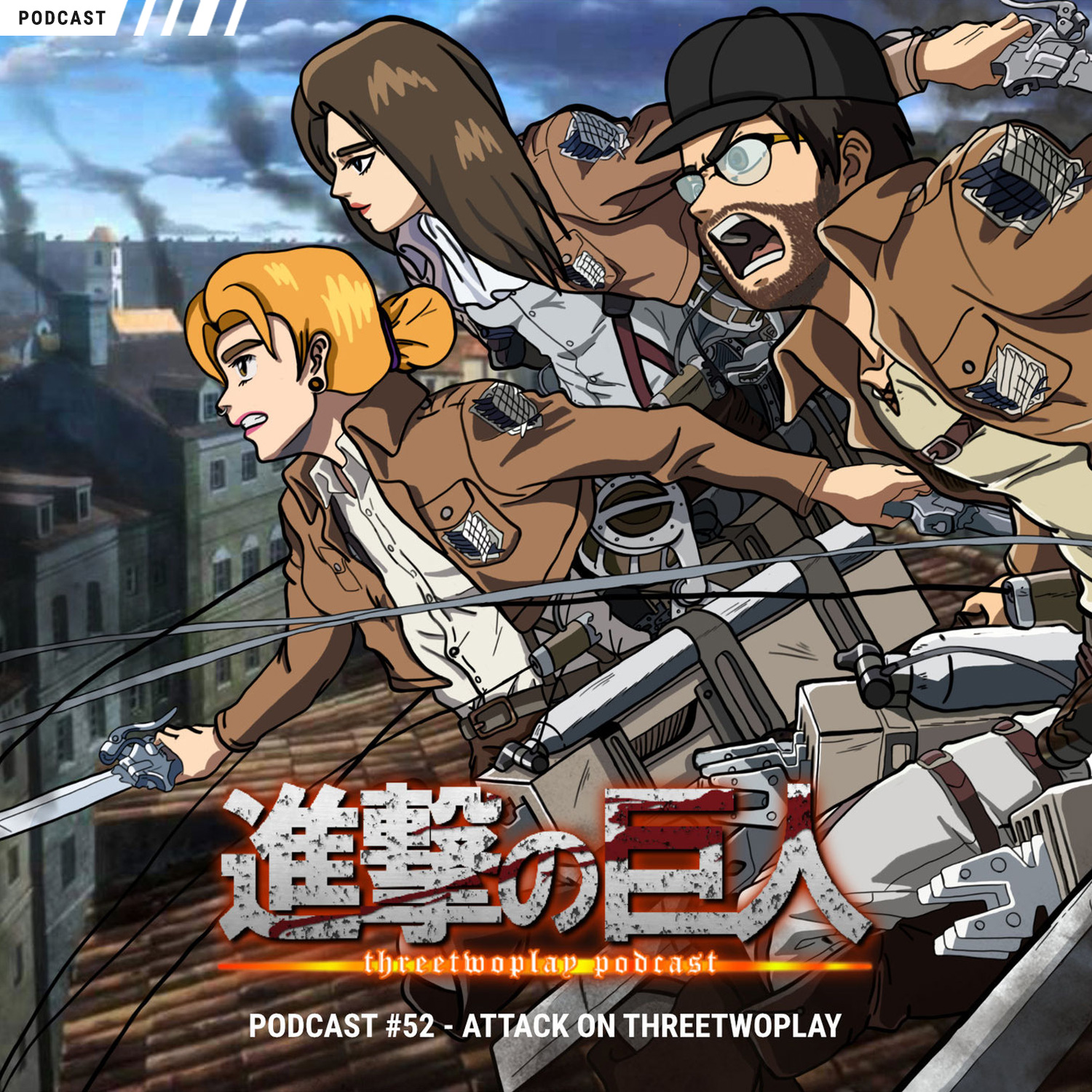 Podcast-Cover zur 52. Folge des ThreeTwoPlay Podcasts zum Thema "Attack on Titan"